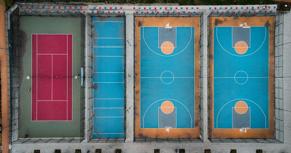 Aerial view of tennis and basketball courts